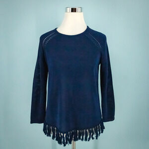 J. McLaughlin Size XS Blue Fringe Hem Detail Crew Neck Long Sleeve Knit Sweater